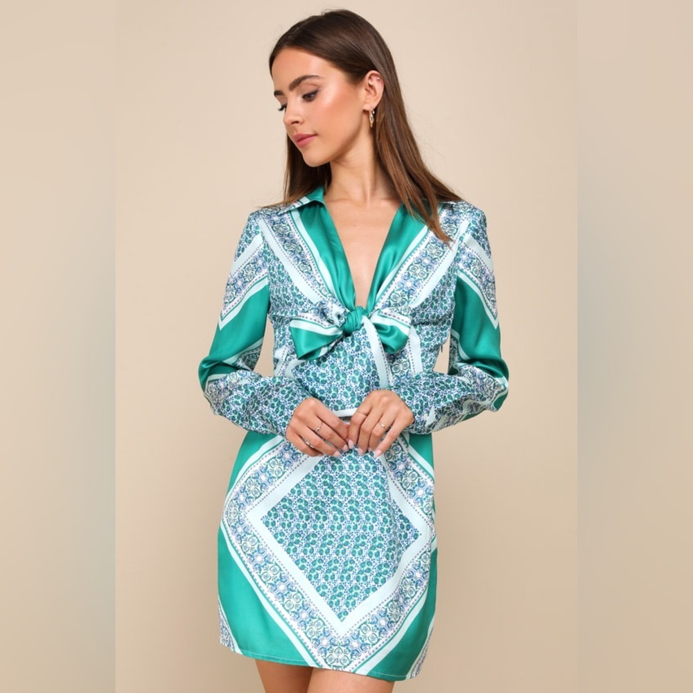 Lulu’s Traveling Spirit Green Satin Scarf Print Tie-Front Mini Dress - Size M